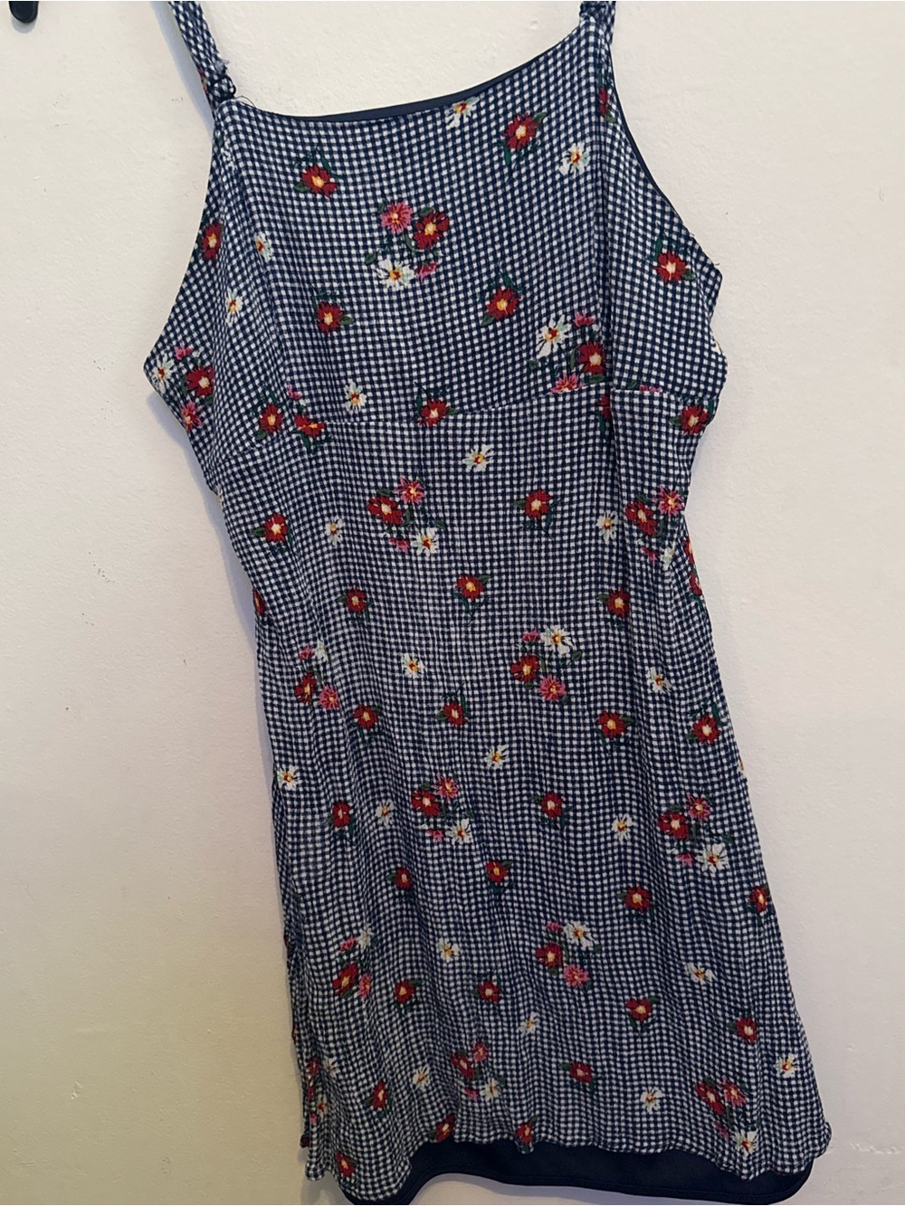 Sadie & Sage Navy Gingham Dress with Red Floral Accents